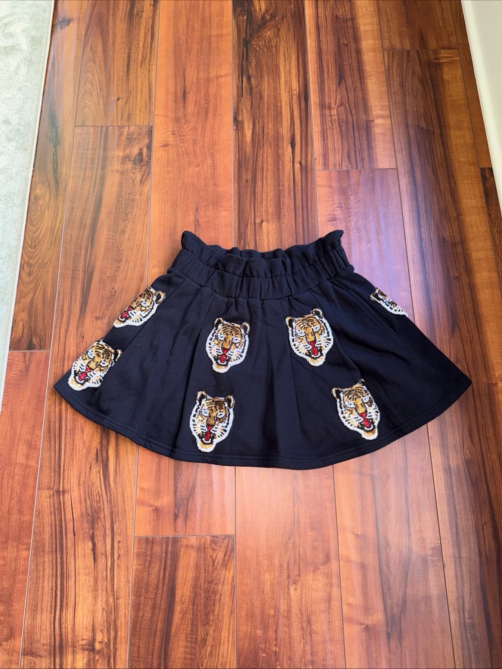 QUEEN OF SPARKLES Black Mini Skort with Embroidered Tiger Heads